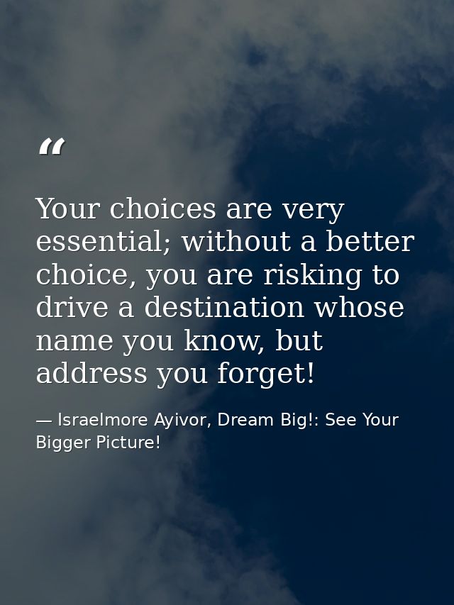 Your choices are very essential; without a better choice, you are risking to drive a destination whose name you know, bu — Israelmore Ayivor, Dream Big!: See Your Bigger Picture!