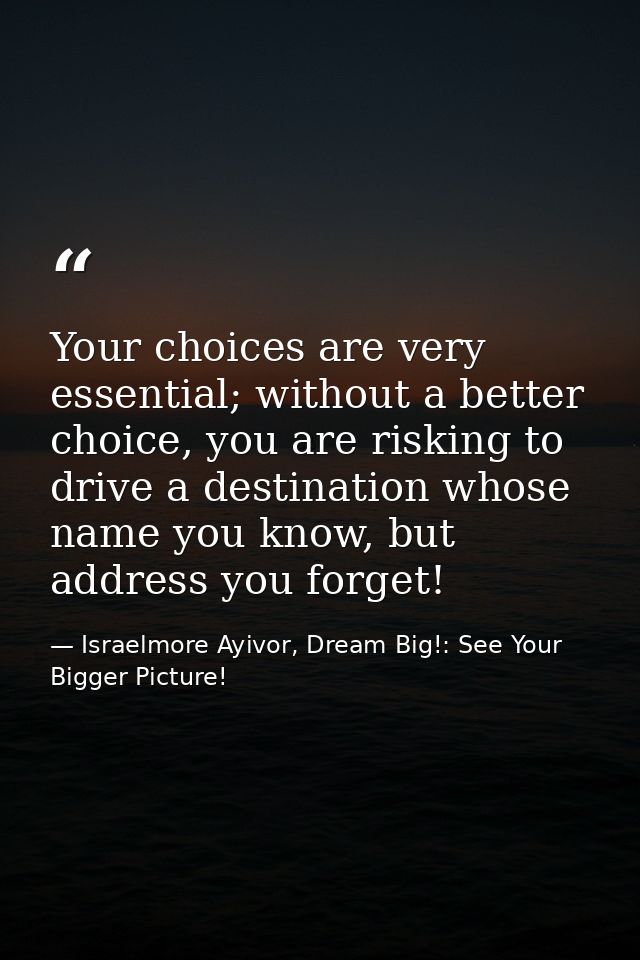Your choices are very essential; without a better choice, you are risking to drive a destination whose name you know, bu — Israelmore Ayivor, Dream Big!: See Your Bigger Picture!