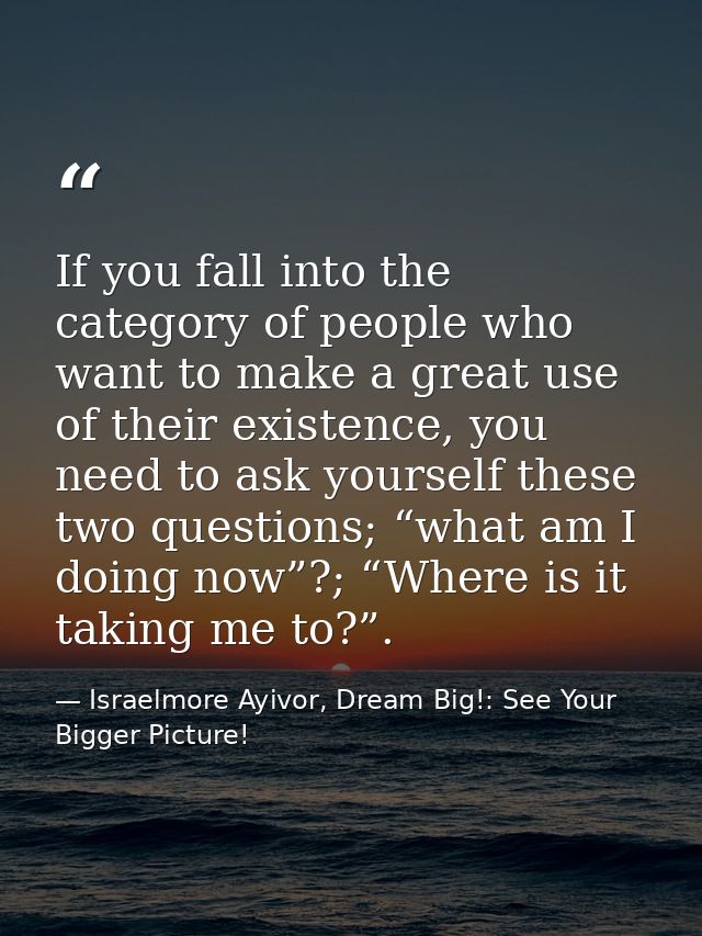 If you fall into the category of people who want to make a great use of their existence, you need to ask yourself these  — Israelmore Ayivor, Dream Big!: See Your Bigger Picture!