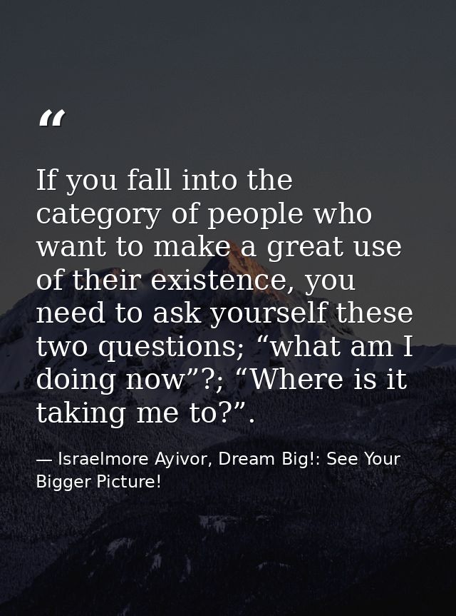 If you fall into the category of people who want to make a great use of their existence, you need to ask yourself these  — Israelmore Ayivor, Dream Big!: See Your Bigger Picture!