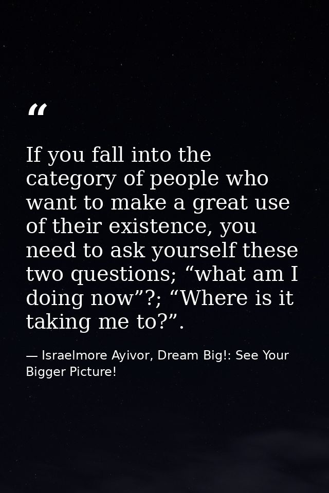 If you fall into the category of people who want to make a great use of their existence, you need to ask yourself these  — Israelmore Ayivor, Dream Big!: See Your Bigger Picture!