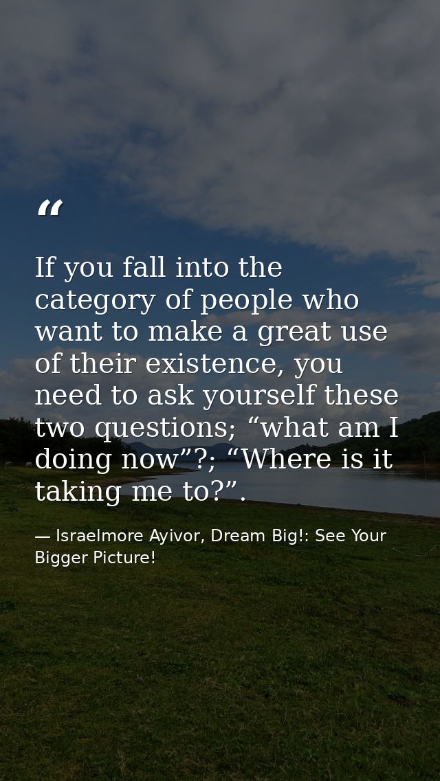 If you fall into the category of people who want to make a great use of their existence, you need to ask yourself these  — Israelmore Ayivor, Dream Big!: See Your Bigger Picture!