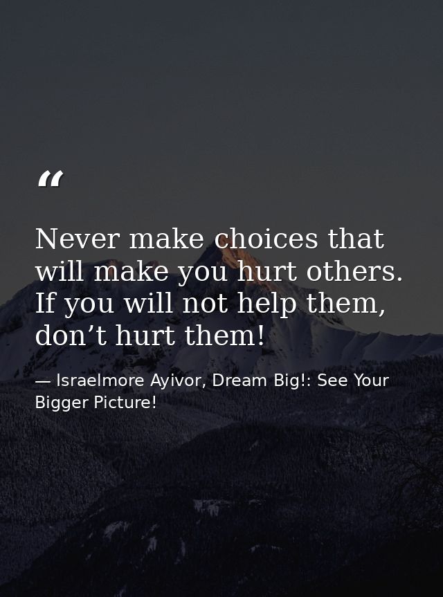 Never make choices that will make you hurt others. If you will not help them, don’t hurt them! — Israelmore Ayivor, Dream Big!: See Your Bigger Picture!