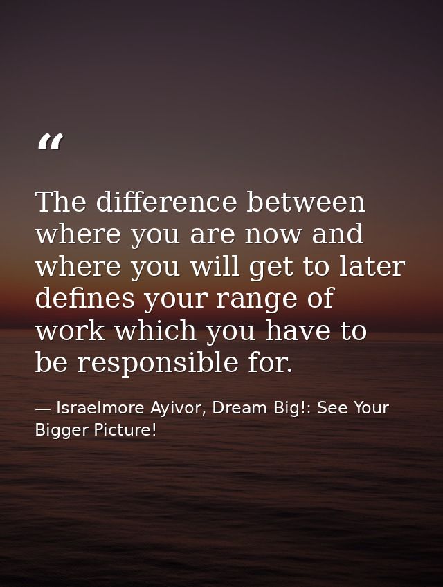 The difference between where you are now and where you will get to later defines your range of work which you have to be — Israelmore Ayivor, Dream Big!: See Your Bigger Picture!