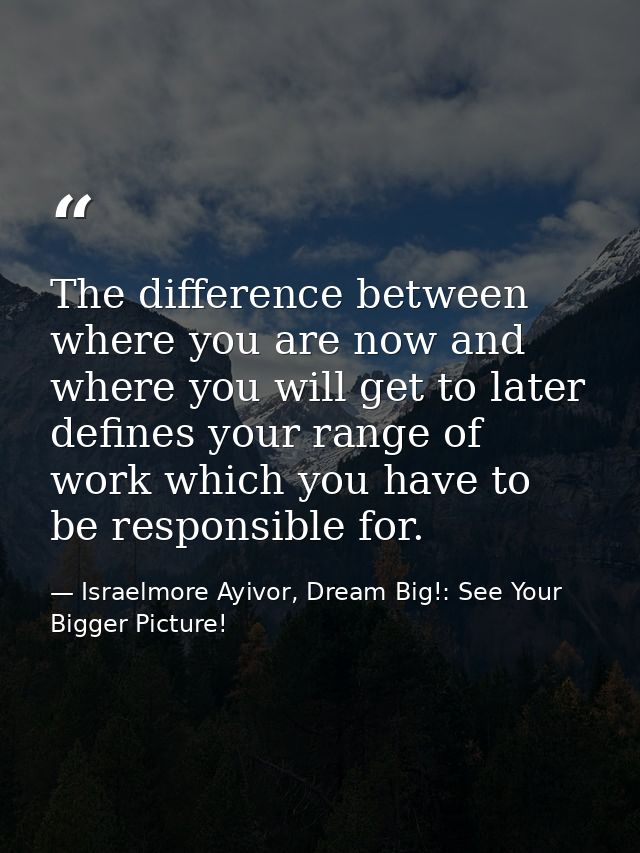 The difference between where you are now and where you will get to later defines your range of work which you have to be — Israelmore Ayivor, Dream Big!: See Your Bigger Picture!