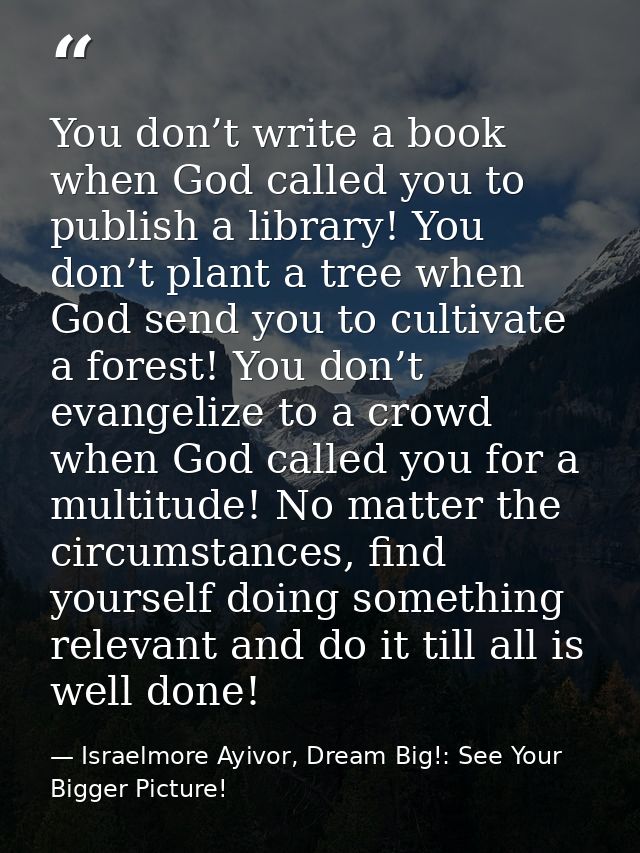 You don’t write a book when God called you to publish a library! You don’t plant a tree when God send you to cultivate a — Israelmore Ayivor, Dream Big!: See Your Bigger Picture!