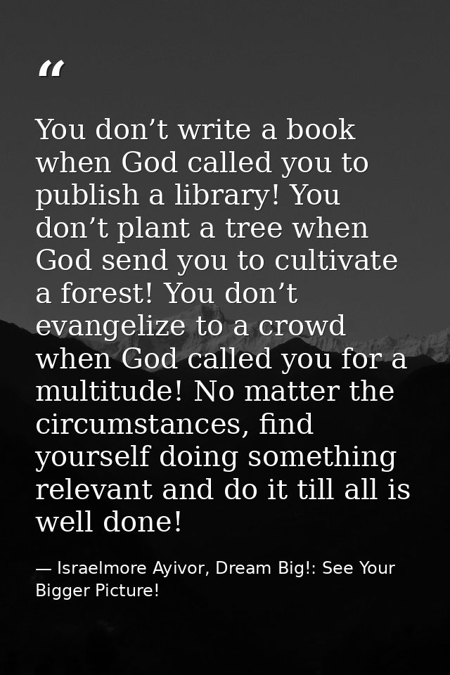 You don’t write a book when God called you to publish a library! You don’t plant a tree when God send you to cultivate a — Israelmore Ayivor, Dream Big!: See Your Bigger Picture!