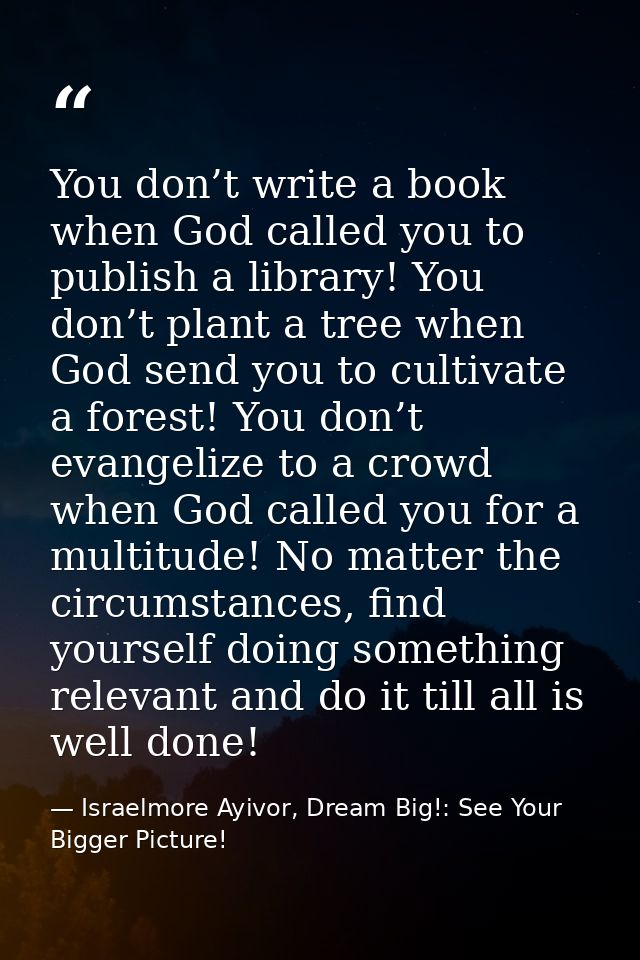 You don’t write a book when God called you to publish a library! You don’t plant a tree when God send you to cultivate a — Israelmore Ayivor, Dream Big!: See Your Bigger Picture!