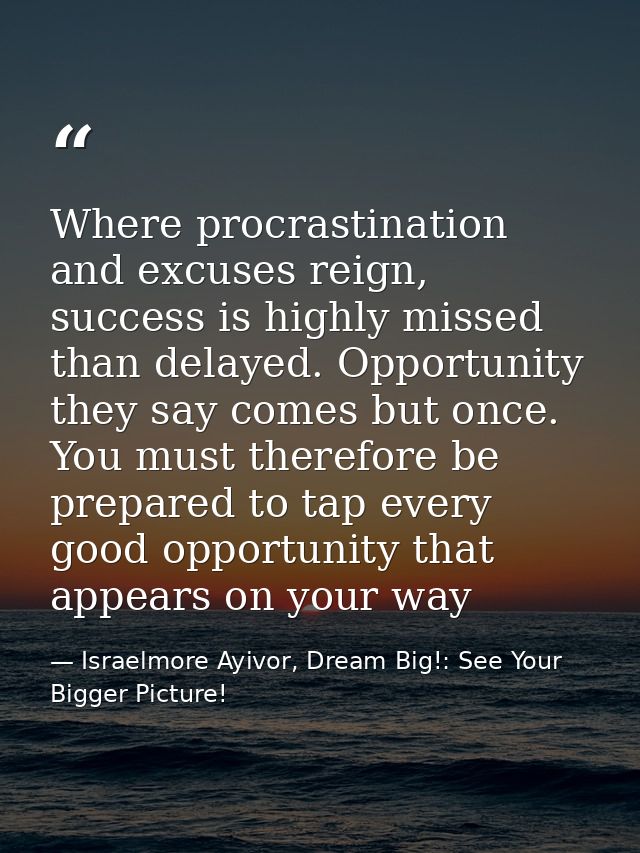 Where procrastination and excuses reign, success is highly missed than delayed. Opportunity they say comes but once. You — Israelmore Ayivor, Dream Big!: See Your Bigger Picture!