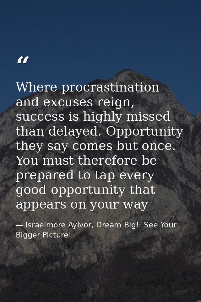 Where procrastination and excuses reign, success is highly missed than delayed. Opportunity they say comes but once. You — Israelmore Ayivor, Dream Big!: See Your Bigger Picture!