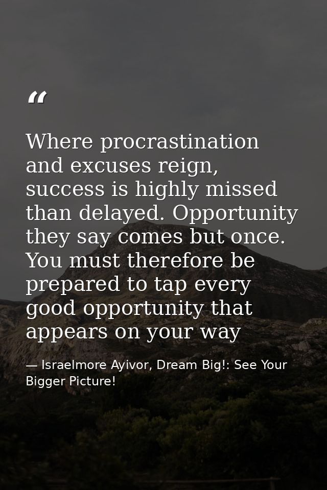 Where procrastination and excuses reign, success is highly missed than delayed. Opportunity they say comes but once. You — Israelmore Ayivor, Dream Big!: See Your Bigger Picture!