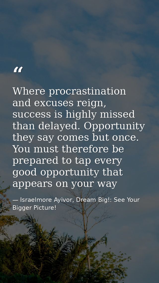 Where procrastination and excuses reign, success is highly missed than delayed. Opportunity they say comes but once. You — Israelmore Ayivor, Dream Big!: See Your Bigger Picture!