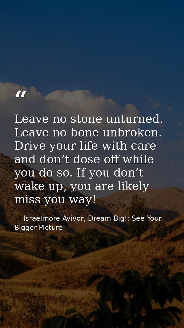 Leave no stone unturned. Leave no bone unbroken. Drive your life with care and don’t dose off while you do so. If you do — Israelmore Ayivor, Dream Big!: See Your Bigger Picture!