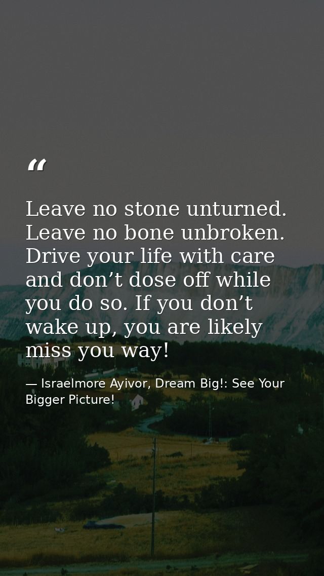 Leave no stone unturned. Leave no bone unbroken. Drive your life with care and don’t dose off while you do so. If you do — Israelmore Ayivor, Dream Big!: See Your Bigger Picture!