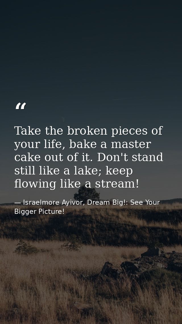 Take the broken pieces of your life, bake a master cake out of it. Don't stand still like a lake; keep flowing like a st — Israelmore Ayivor, Dream Big!: See Your Bigger Picture!