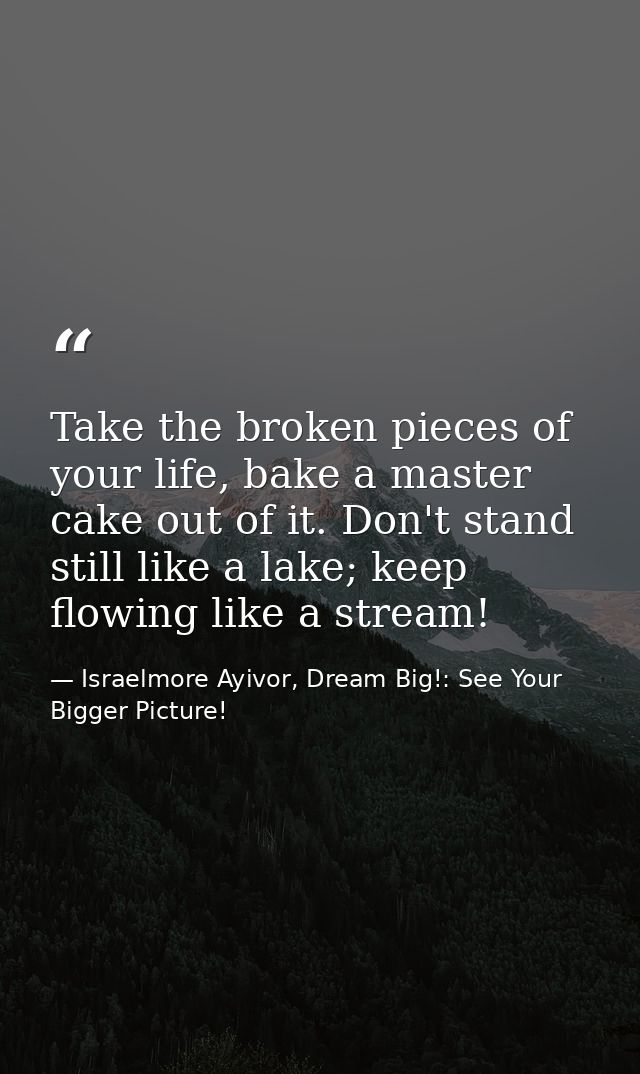 Take the broken pieces of your life, bake a master cake out of it. Don't stand still like a lake; keep flowing like a st — Israelmore Ayivor, Dream Big!: See Your Bigger Picture!