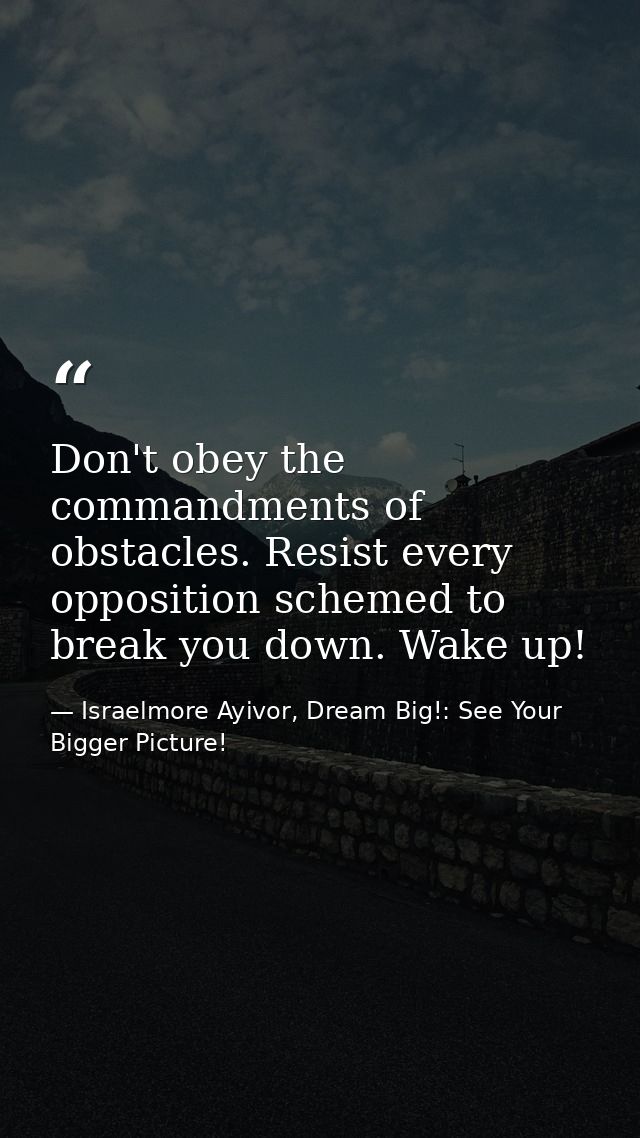Don't obey the commandments of obstacles. Resist every opposition schemed to break you down. Wake up! — Israelmore Ayivor, Dream Big!: See Your Bigger Picture!
