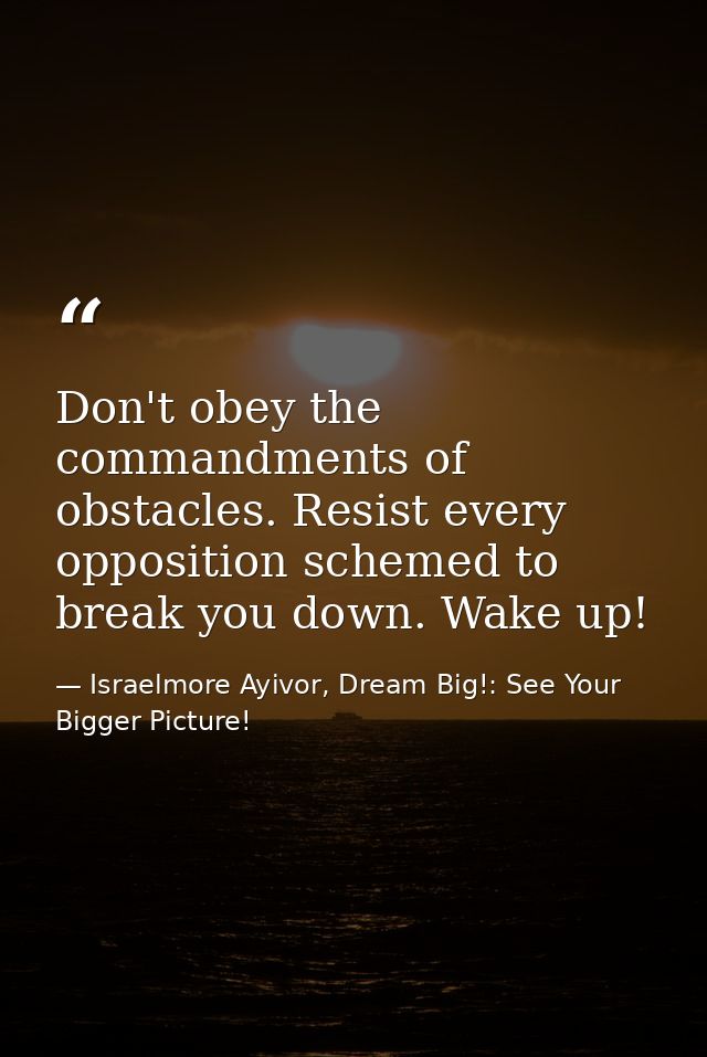 Don't obey the commandments of obstacles. Resist every opposition schemed to break you down. Wake up! — Israelmore Ayivor, Dream Big!: See Your Bigger Picture!