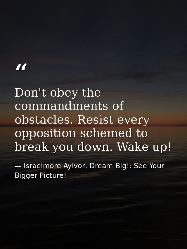 Don't obey the commandments of obstacles. Resist every opposition schemed to break you down. Wake up! — Israelmore Ayivor, Dream Big!: See Your Bigger Picture!