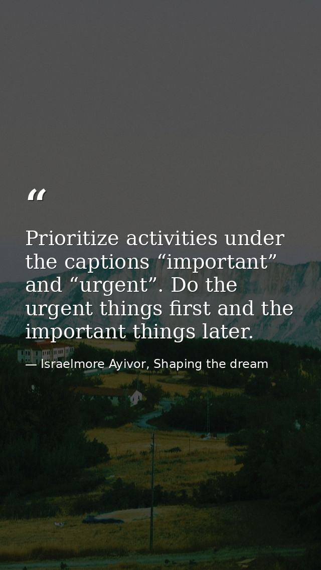 Prioritize activities under the captions “important” and “urgent”. Do the urgent things first and the important things l — Israelmore Ayivor, Shaping the dream