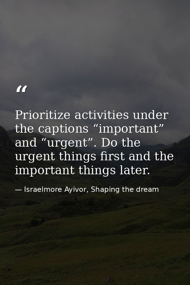 Prioritize activities under the captions “important” and “urgent”. Do the urgent things first and the important things l — Israelmore Ayivor, Shaping the dream