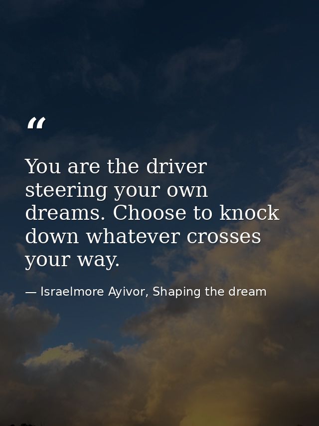 You are the driver steering your own dreams. Choose to knock down whatever crosses your way. — Israelmore Ayivor, Shaping the dream