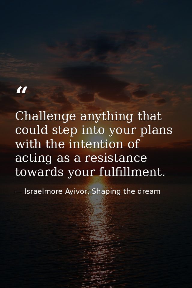 Challenge anything that could step into your plans with the intention of acting as a resistance towards your fulfillment — Israelmore Ayivor, Shaping the dream
