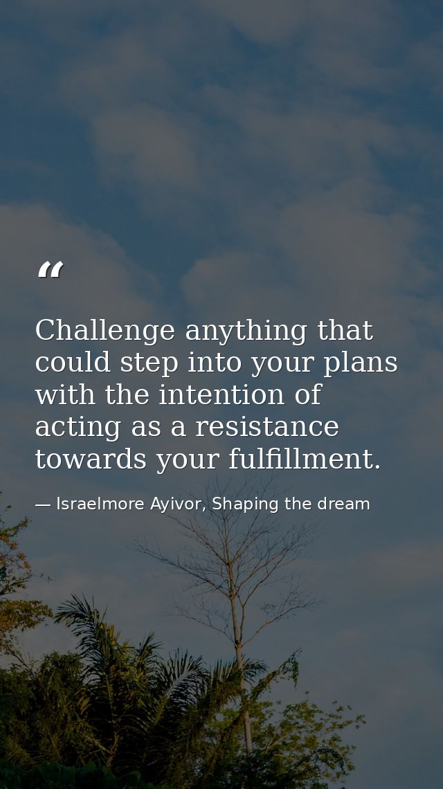 Challenge anything that could step into your plans with the intention of acting as a resistance towards your fulfillment — Israelmore Ayivor, Shaping the dream