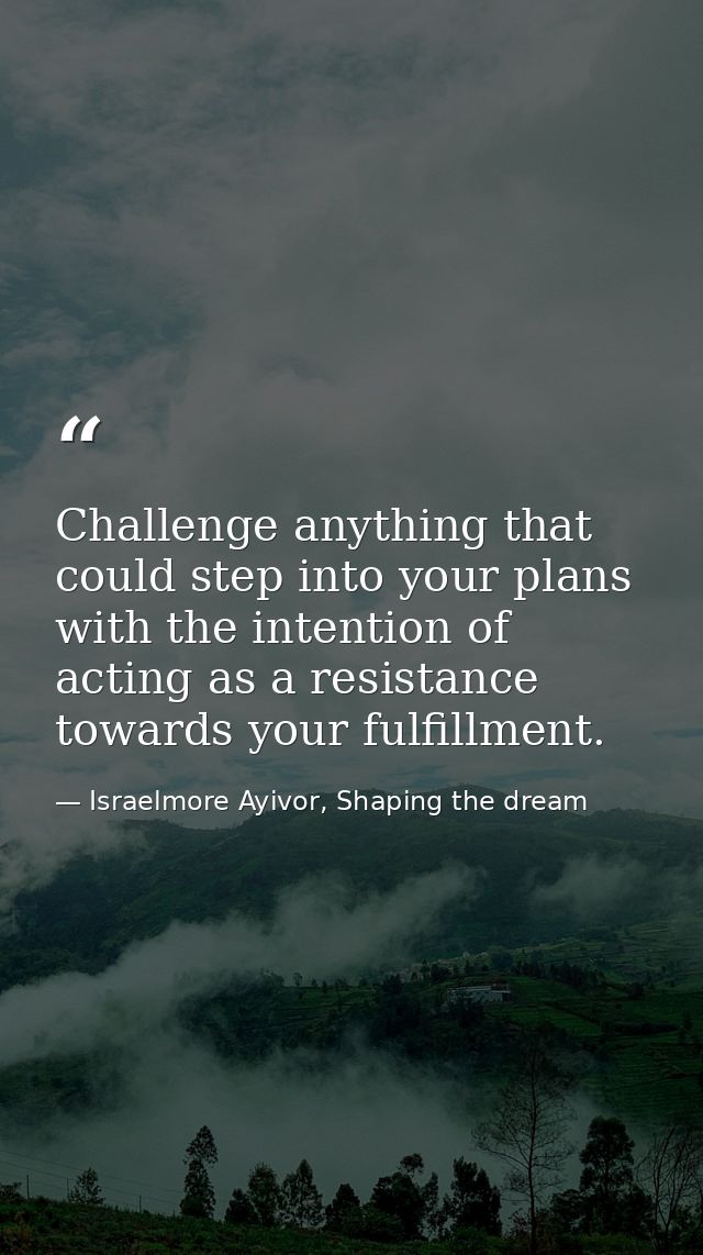 Challenge anything that could step into your plans with the intention of acting as a resistance towards your fulfillment — Israelmore Ayivor, Shaping the dream