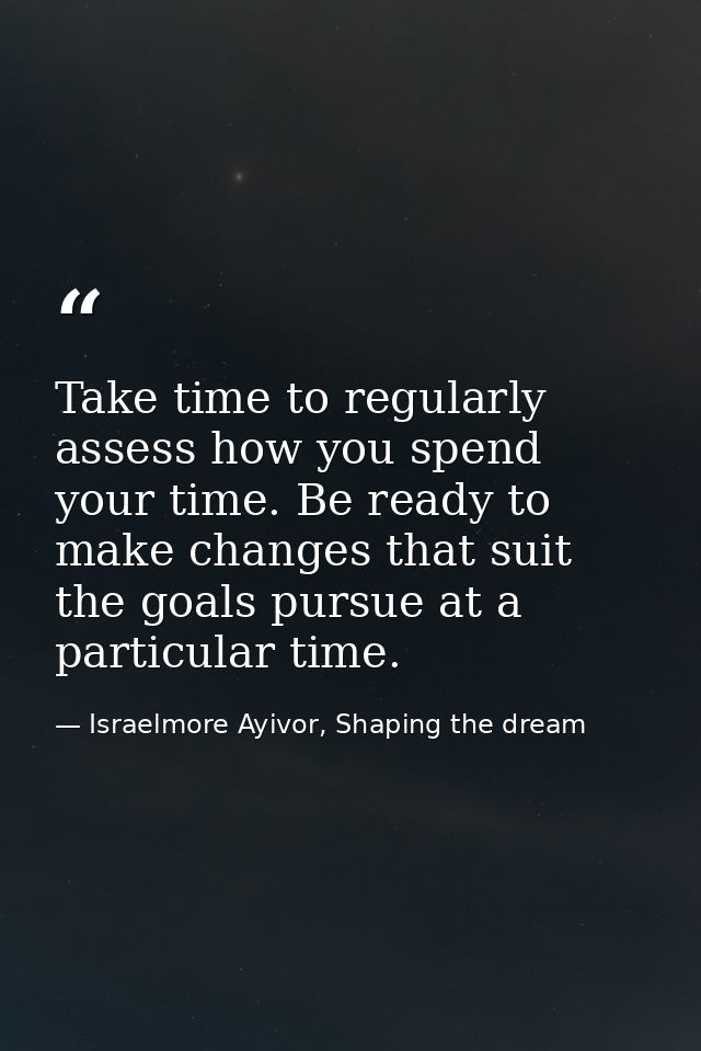 Take time to regularly assess how you spend your time. Be ready to make changes that suit the goals pursue at a particul — Israelmore Ayivor, Shaping the dream