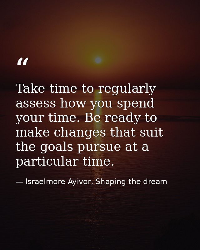 Take time to regularly assess how you spend your time. Be ready to make changes that suit the goals pursue at a particul — Israelmore Ayivor, Shaping the dream