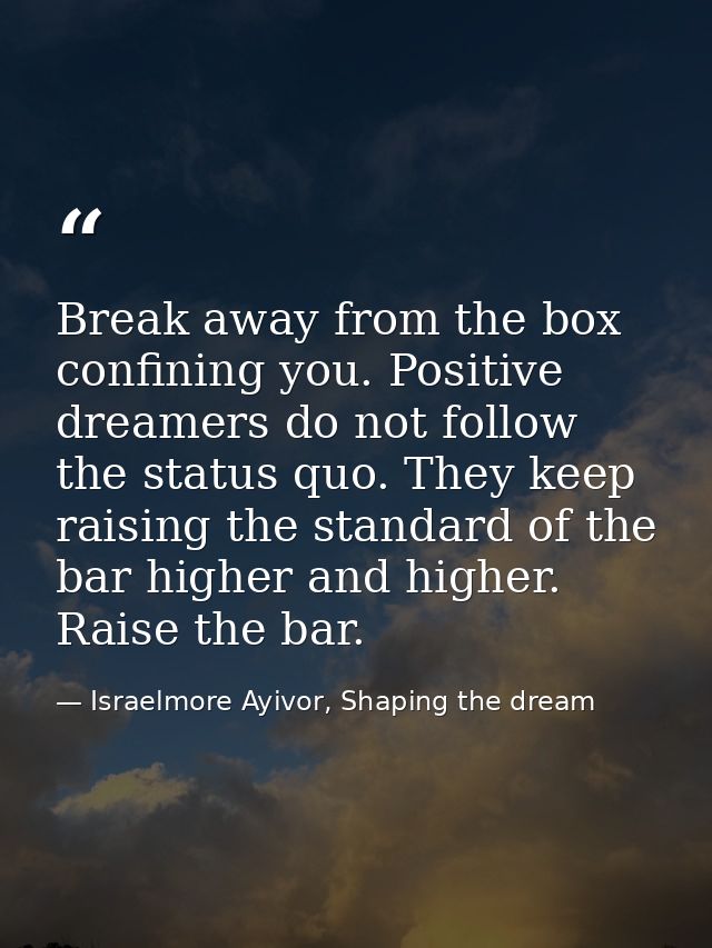 Break away from the box confining you. Positive dreamers do not follow the status quo. They keep raising the standard of — Israelmore Ayivor, Shaping the dream