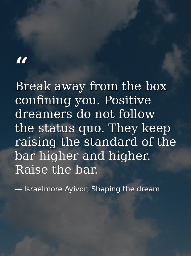 Break away from the box confining you. Positive dreamers do not follow the status quo. They keep raising the standard of — Israelmore Ayivor, Shaping the dream