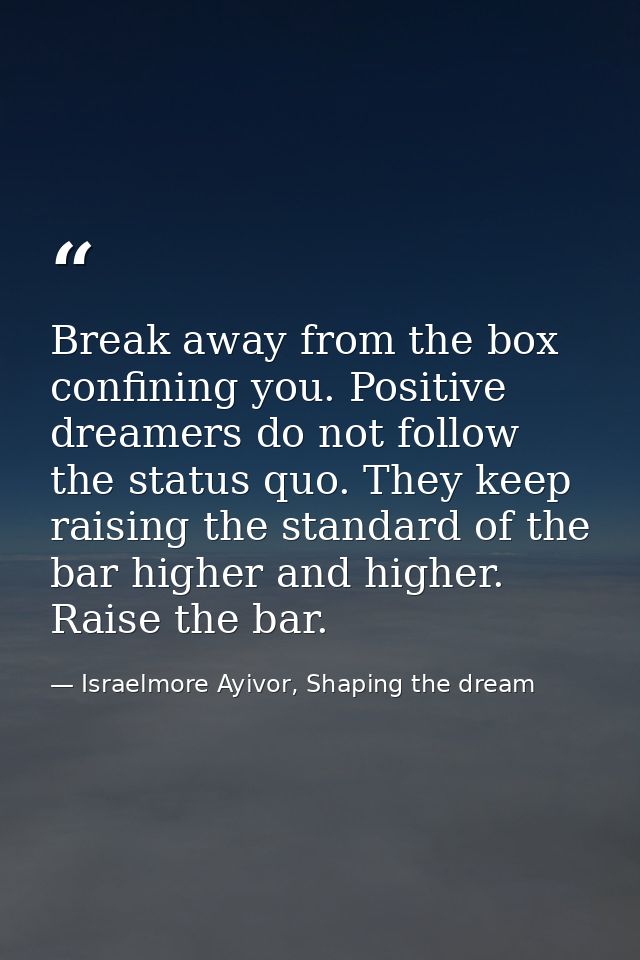 Break away from the box confining you. Positive dreamers do not follow the status quo. They keep raising the standard of — Israelmore Ayivor, Shaping the dream