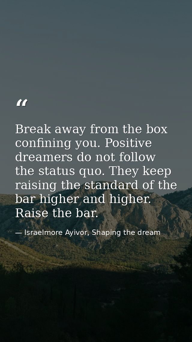 Break away from the box confining you. Positive dreamers do not follow the status quo. They keep raising the standard of — Israelmore Ayivor, Shaping the dream