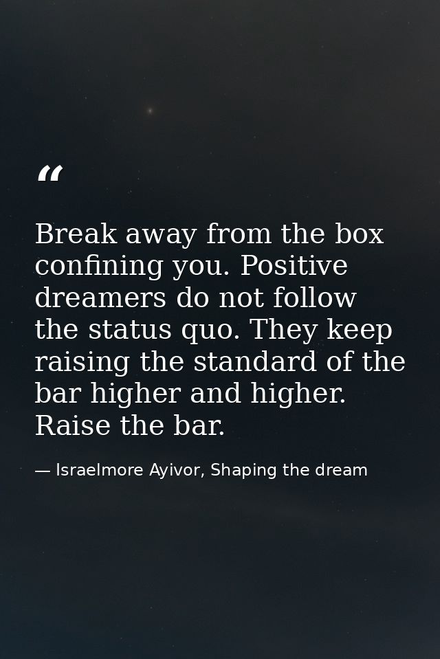 Break away from the box confining you. Positive dreamers do not follow the status quo. They keep raising the standard of — Israelmore Ayivor, Shaping the dream