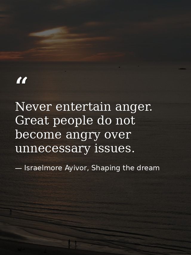 Never entertain anger. Great people do not become angry over unnecessary issues. — Israelmore Ayivor, Shaping the dream