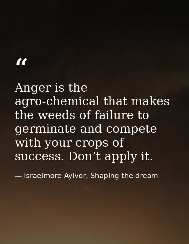 Anger is the agro-chemical that makes the weeds of failure to germinate and compete with your crops of success. Don’t ap — Israelmore Ayivor, Shaping the dream