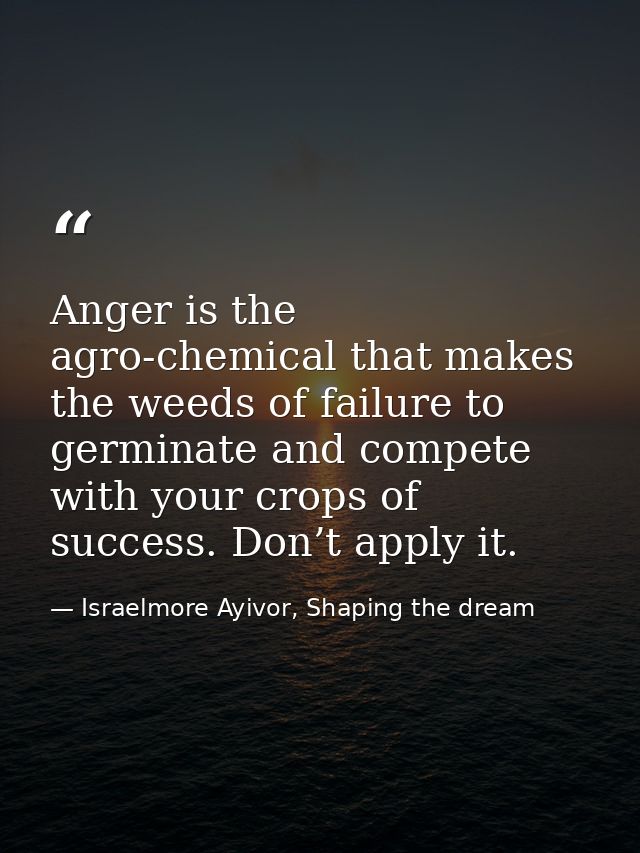 Anger is the agro-chemical that makes the weeds of failure to germinate and compete with your crops of success. Don’t ap — Israelmore Ayivor, Shaping the dream
