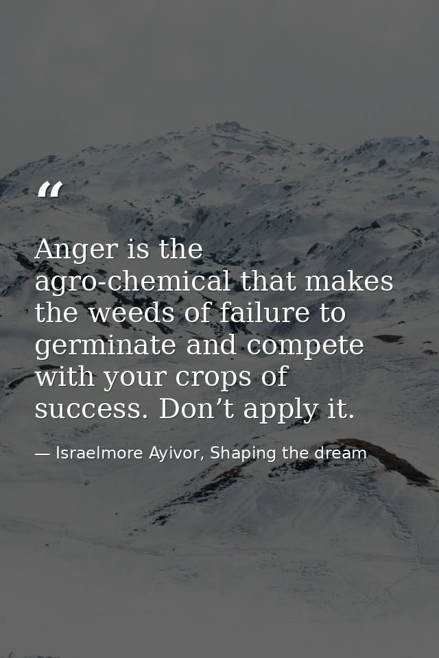 Anger is the agro-chemical that makes the weeds of failure to germinate and compete with your crops of success. Don’t ap — Israelmore Ayivor, Shaping the dream