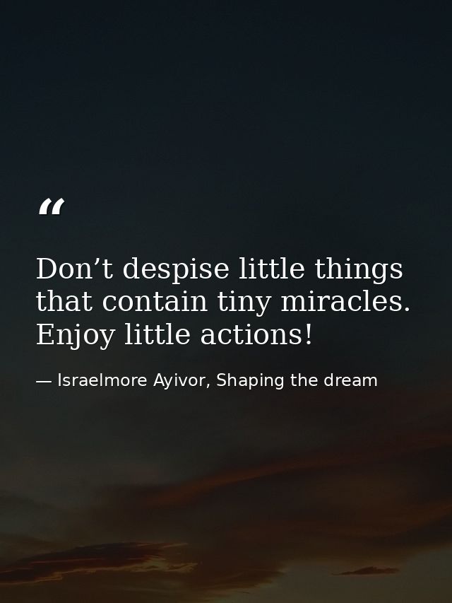 Don’t despise little things that contain tiny miracles. Enjoy little actions! — Israelmore Ayivor, Shaping the dream