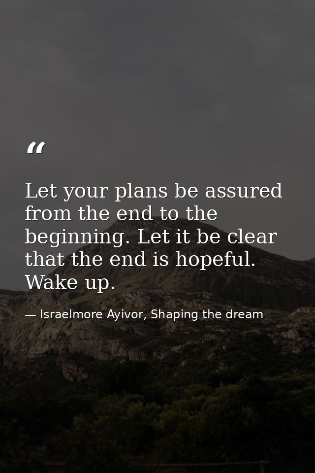 Let your plans be assured from the end to the beginning. Let it be clear that the end is hopeful. Wake up. — Israelmore Ayivor, Shaping the dream