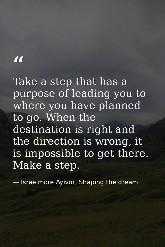 Take a step that has a purpose of leading you to where you have planned to go. When the destination is right and the dir — Israelmore Ayivor, Shaping the dream