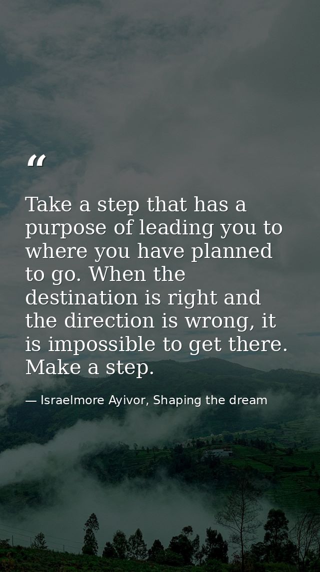 Take a step that has a purpose of leading you to where you have planned to go. When the destination is right and the dir — Israelmore Ayivor, Shaping the dream