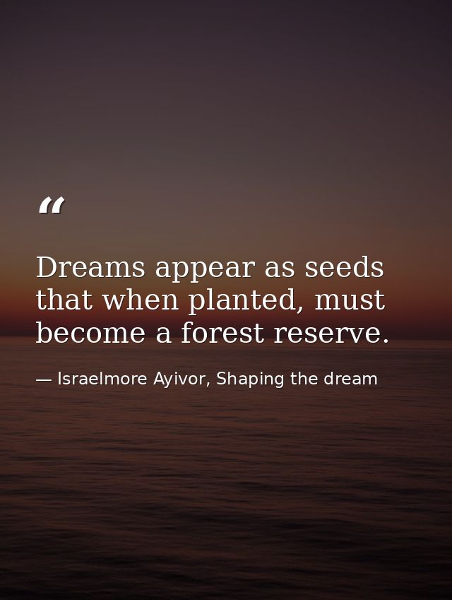 Dreams appear as seeds that when planted, must become a forest reserve. — Israelmore Ayivor, Shaping the dream