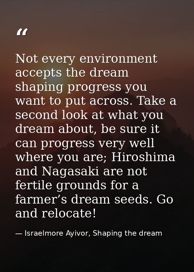 Not every environment accepts the dream shaping progress you want to put across. Take a second look at what you dream ab — Israelmore Ayivor, Shaping the dream