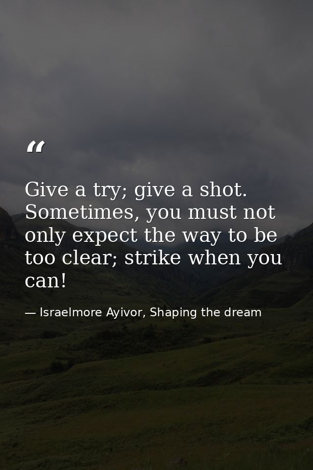 Give a try; give a shot. Sometimes, you must not only expect the way to be too clear; strike when you can! — Israelmore Ayivor, Shaping the dream