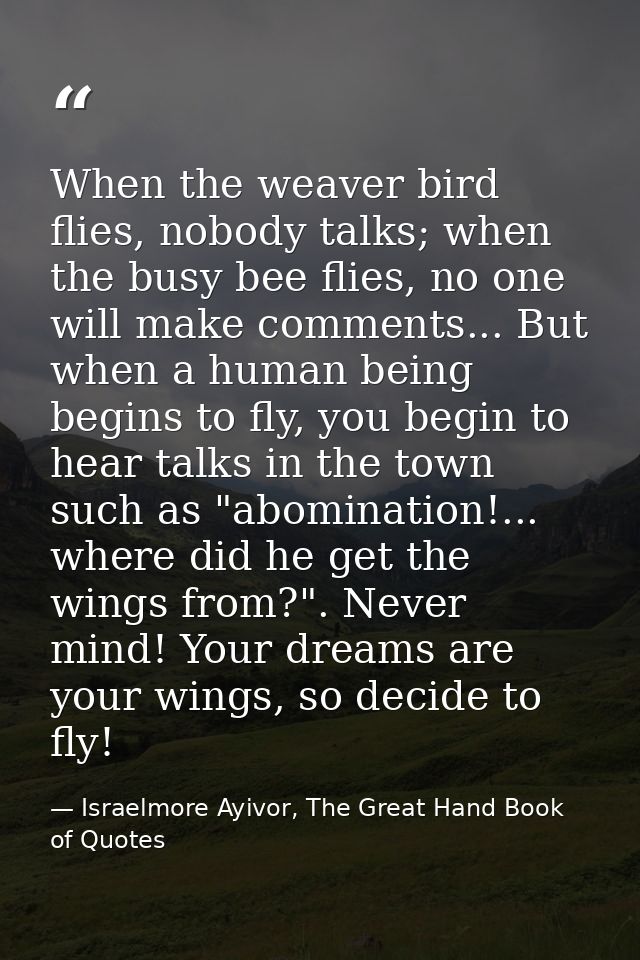When the weaver bird flies, nobody talks; when the busy bee flies, no one will make comments... But when a human being b — Israelmore Ayivor, The Great Hand Book of Quotes