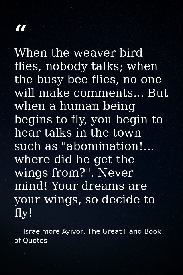 When the weaver bird flies, nobody talks; when the busy bee flies, no one will make comments... But when a human being b — Israelmore Ayivor, The Great Hand Book of Quotes