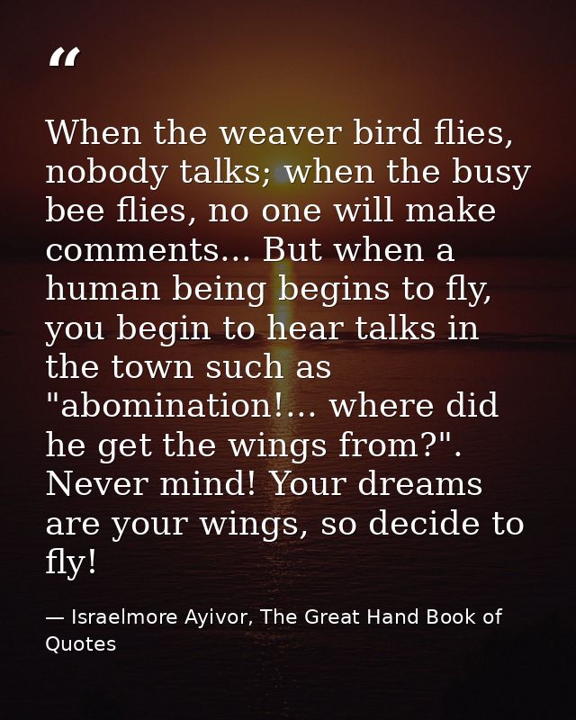 When the weaver bird flies, nobody talks; when the busy bee flies, no one will make comments... But when a human being b — Israelmore Ayivor, The Great Hand Book of Quotes